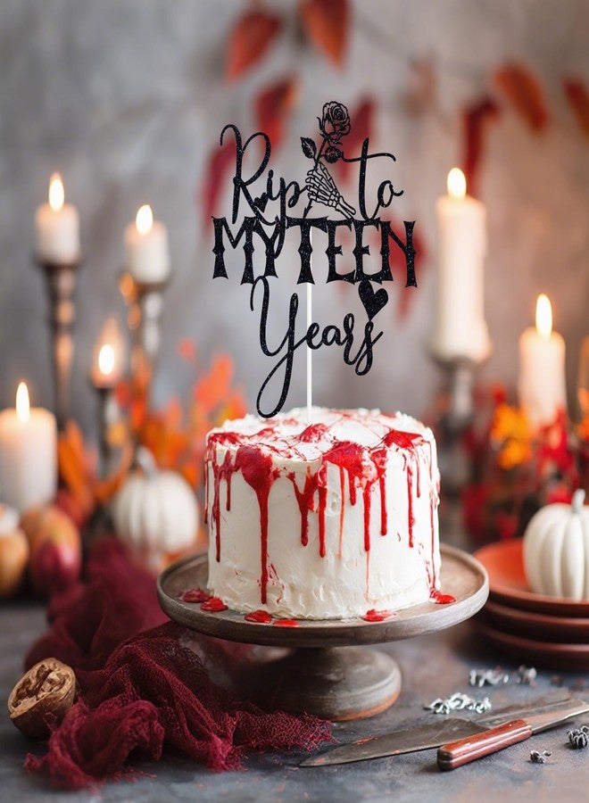 ZACHAKO Black Glitter Rip to My Teen Years Cake Topper, Skeleton Skull Hand Rose Birthday Décor, Gothic Old English Themed 20th Birthday Party Decorations - Image 3